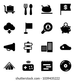 Solid vector icon set - baggage vector, spoon and fork, turkey, dollar flag, download cloud, head hunter, piggy bank, speaker horn, signpost, building, tent, joystick wireless, terms plan, cd