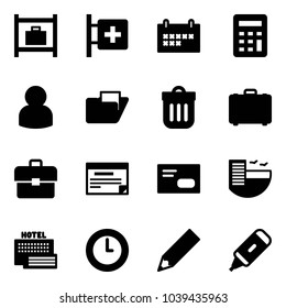Solid vector icon set - baggage room vector, first aid, schedule, calculator, user, folder, trash bin, case, portfolio, envelope, hotel, sea, clock, pencil, marker