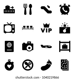 Solid vector icon set - baggage vector, spoon and fork, escalator down, phone alarm, tv, waiting area, vip, terrorism, passport, camera, small plane, room, stopwatch heart, plate, eggplant, breads