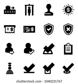 Solid vector icon set - baggage vector, metal detector gate, stamp, dollar sun, receipt, check, shield, cross, user login, clipboard, chess queen