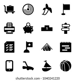 Solid vector icon set - baggage vector, radar, banana, flag, printer, piggy bank, pedestal, signpost, list, tent, terms plan, mobile phone, lawn mower, sailboat toy, basketball