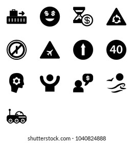 Solid vector icon set - baggage vector, dollar smile, account history, round motion road sign, no parkin odd, airport, only forward, minimal speed limit, brain work, success, money dialog, waves