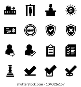 Solid vector icon set - baggage vector, metal detector gate, recieptionist, dollar sun, check, customs road sign, shield, cross, user login, clipboard, list, chess queen