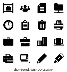Solid vector icon set - baggage room vector, group, document, network folder, time, clipboard, trash bin, printer, case, portfolio, building, doors, sea hotel, monoblock pc, pencil, marker