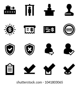 Solid vector icon set - baggage vector, metal detector gate, recieptionist, stamp, dollar sun, receipt, check, customs road sign, shield, cross, user login, clipboard