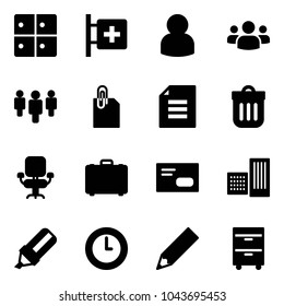 Solid Vector Icon Set - Baggage Room Vector, First Aid, User, Group, Attachment, Document, Trash Bin, Office Chair, Case, Envelope, Building, Highlight Marker, Clock, Pencil, Tool Cabinet