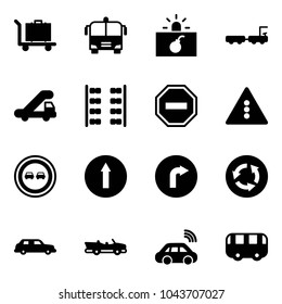 Solid vector icon set - baggage vector, airport bus, terrorism, truck, trap, plane seats, no way road sign, traffic light, overtake, only forward, right, circle, limousine, cabrio, car wireless, toy