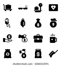 Solid vector icon set - baggage vector, truck, scales, first aid kit, drop counter, money bag, investment, encashment, portfolio, green tea, rich, suitcase