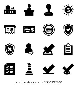 Solid vector icon set - baggage vector, recieptionist, stamp, dollar sun, receipt, check, customs road sign, shield, cross, user login, clipboard, list, chess queen