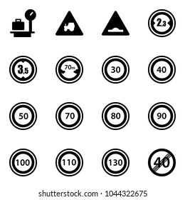 Solid vector icon set - baggage scales vector, tractor way road sign, artificial unevenness, limited width, height, distance, speed limit 30, 40, 50, 70, 80, 90, 100, 110, 130, end