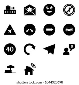 Solid vector icon set - baggage vector, star letter, dollar smile, no parkin odd, airport road sign, detour, only right, bus, minimal speed limit, redo, paper fly, money dialog, inflatable pool