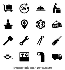 Solid vector icon set - baggage vector, 24 hours, client bell, baby room, recieptionist, dollar pin, gear globe, open, rubber hammer, wrench, plumber, screwdriver, jack, tool box, allen key