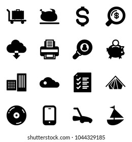 Solid vector icon set - baggage vector, turkey, dollar, money search, download cloud, printer, head hunter, piggy bank, building, list, tent, cd, mobile phone, lawn mower, sailboat toy