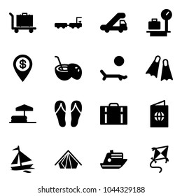 Solid vector icon set - baggage vector, truck, trap, scales, dollar pin, coconut cocktail, lounger, flippers, inflatable pool, flip flops, suitcase, passport, sail boat, tent, cruiser, kite