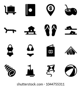 Solid vector icon set - baggage vector, passport, dollar pin, coconut cocktail, lounger, bungalow, flip flops, swimsuit, tent, shell, sand castle, kite, beach ball