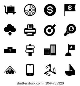 Solid vector icon set - baggage vector, radar, dollar coin, flag, download cloud, printer, target, head hunter, pedestal, signpost, building, tent, mobile phone, wind mill, sailboat toy