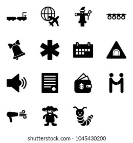 Solid vector icon set - baggage truck vector, plane globe, santa claus, garland, bell, ambulance star, schedule, tunnel road sign, volume medium, agreement, finance management, dryer, doll