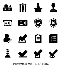 Solid vector icon set - baggage vector, metal detector gate, recieptionist, stamp, receipt, check, shield, cross, user, clipboard, list, chess queen