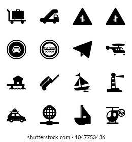 Solid vector icon set - baggage vector, trap truck, intersection road sign, no car, customs, paper fly, helicopter, bungalow, suitcase, sail boat, lighthouse, globe, sailboat toy