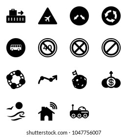 Solid vector icon set - baggage vector, airport road sign, detour, circle, bus, end minimal speed limit, no stop, parking, friends, chart point arrow, moon flag, dollar growth, waves, wireless home