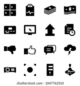 Solid vector icon set - baggage room vector, pulse clipboard, dollar, cash, credit card, monitor cursor, uplooad, history, dislike, finger up, dialog, storm, projector, record button, server