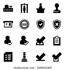 Solid vector icon set - baggage vector, metal detector gate, recieptionist, stamp, receipt, customs road sign, shield check, cross, user login, clipboard, list, chess queen