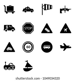 Solid vector icon set - baggage vector, safety car, side wind, boarding passengers, encashment, stop road sign, multi lane traffic, airport, for moto, speed limit 60, bus, plane, moon rover
