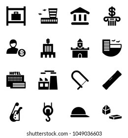 Solid vector icon set - baggage room vector, airport building, bank, account, sand fort, hotel, sea, plant, fretsaw, level, winch, construction helmet, constructor blocks