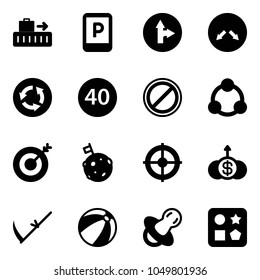 Solid vector icon set - baggage vector, parking sign, only forward right road, detour, circle, minimal speed limit, no, social, target, moon flag, dollar growth, scythe, beach ball, soother