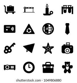 Solid vector icon set - baggage vector, barrier, candle, vial, tap pay, round motion road sign, globe, tie, key, paper fly, starfish, camera, projector, clock, tool box, bear toy
