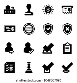 Solid vector icon set - baggage vector, stamp, dollar sun, receipt, check, customs road sign, shield, cross, user login, clipboard, list, chess queen