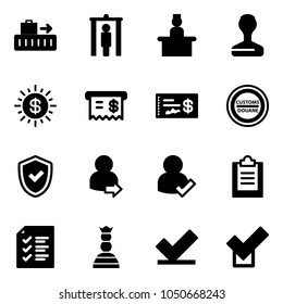Solid vector icon set - baggage vector, metal detector gate, recieptionist, stamp, dollar sun, receipt, check, customs road sign, shield, user login, clipboard, list, chess queen