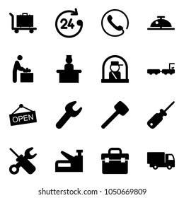 Solid vector icon set - baggage vector, 24 hours, phone, client bell, baby room, recieptionist, officer window, truck, open, wrench, rubber hammer, screwdriver, stapler, tool box, toy