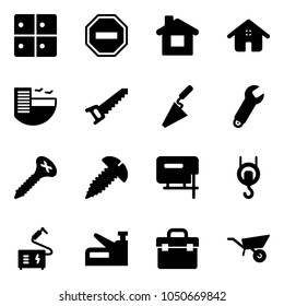 Solid vector icon set - baggage room vector, no way road sign, home, hotel, saw, trowel, wrench, screw, jig, winch, welding, stapler, tool box, wheelbarrow