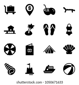 Solid vector icon set - baggage vector, dollar pin, coconut cocktail, lounger, bungalow, palm, flip flops, swimsuit, parasol, passport, tent, shell, sand castle, cruiser, beach ball