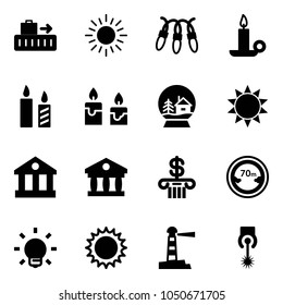 Solid vector icon set - baggage vector, sun, garland, candle, snowball house, bank, limited distance road sign, bulb, lighthouse, laser