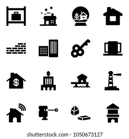 Solid vector icon set - baggage room vector, house, snowball, home, brick wall, building, key, doors, dollar, bank, bungalow, lighthouse, wireless, laser lever, constructor blocks, toy block