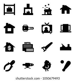 Solid vector icon set - baggage room vector, fireplace, house, home, key, tv news, doors, dollar, sea hotel, saw, jointer, side cutters, pipe welding, chicken toy, baseball bat