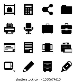 Solid vector icon set - baggage room vector, calculator, share, folder, printer, office chair, case, portfolio, schedule, agreement, doors, sea hotel, monoblock pc, pencil, tool cabinet, marker