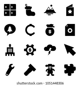 Solid vector icon set - baggage room vector, christmas sock, mountains, star postcard, merry message, cent, money bag, certificate, bank building, managemet, storm, cursor, wrench, bolt, doll
