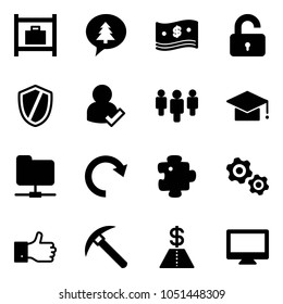 Solid vector icon set - baggage room vector, merry christmas message, cash, unlocked, shield, user check, group, graduate hat, network folder, redo, puzzle, gears, finger up, rock axe, dollar