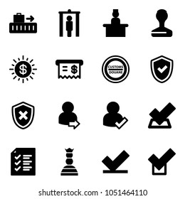 Solid vector icon set - baggage vector, metal detector gate, recieptionist, stamp, dollar sun, receipt, customs road sign, shield check, cross, user login, list, chess queen