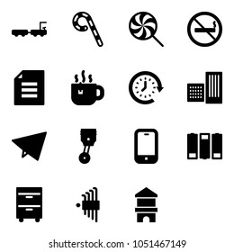 Solid vector icon set - baggage truck vector, lollipop, no smoking sign, document, hot tea, clock around, building, paper fly, piston, mobile phone, battery, tool cabinet, allen key set
