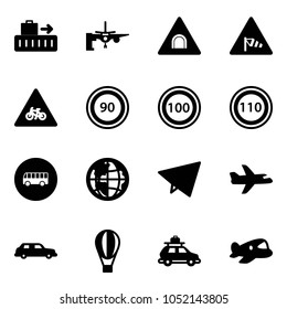 Solid Vector Icon Set - Baggage Vector, Boarding Passengers, Tunnel Road Sign, Side Wind, For Moto, Speed Limit 90, 100, 110, Bus, Globe, Paper Fly, Plane, Limousine, Air Balloon, Car, Toy