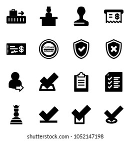 Solid vector icon set - baggage vector, recieptionist, stamp, receipt, check, customs road sign, shield, cross, user login, clipboard, list, chess queen
