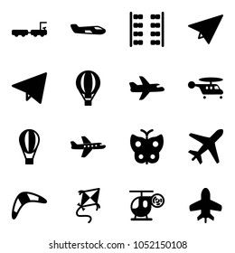 Solid vector icon set - baggage truck vector, small plane, seats, paper, fly, air balloon, helicopter, butterfly, boomerang, kite, toy