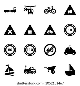 Solid vector icon set - baggage truck vector, helicopter, bike, tractor way road sign, railway intersection, for moto, speed limit 10, 80, 110, end, electric car, sail boat, moon rover, wheelbarrow