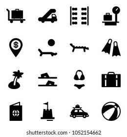 Solid vector icon set - baggage vector, trap truck, plane seats, scales, dollar pin, lounger, flippers, palm, flip flops, swimsuit, suitcase, passport, sand castle, car, beach ball