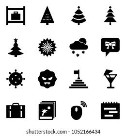 Solid vector icon set - baggage room vector, christmas tree, firework, snowfall, bow message, virus, pyramid flag, drink, suitcase, photo, mouse wireless, terms plan