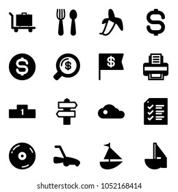 Solid vector icon set - baggage vector, spoon and fork, banana, dollar sign, coin, money search, flag, printer, pedestal, signpost, cloud, list, cd, lawn mower, sailboat toy